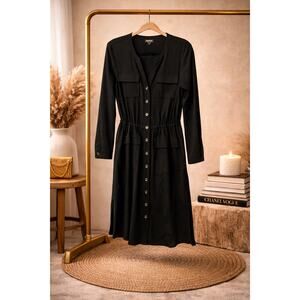 Worth Black Shirt Dress Small Button Front V Neck Adjustable Waist Career Office